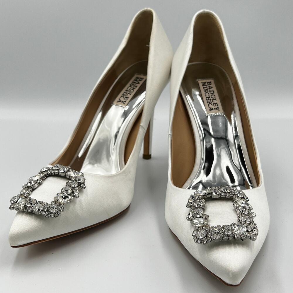 Badgley Mischka White Satin Pointed Toe Crystal Buckle Heels